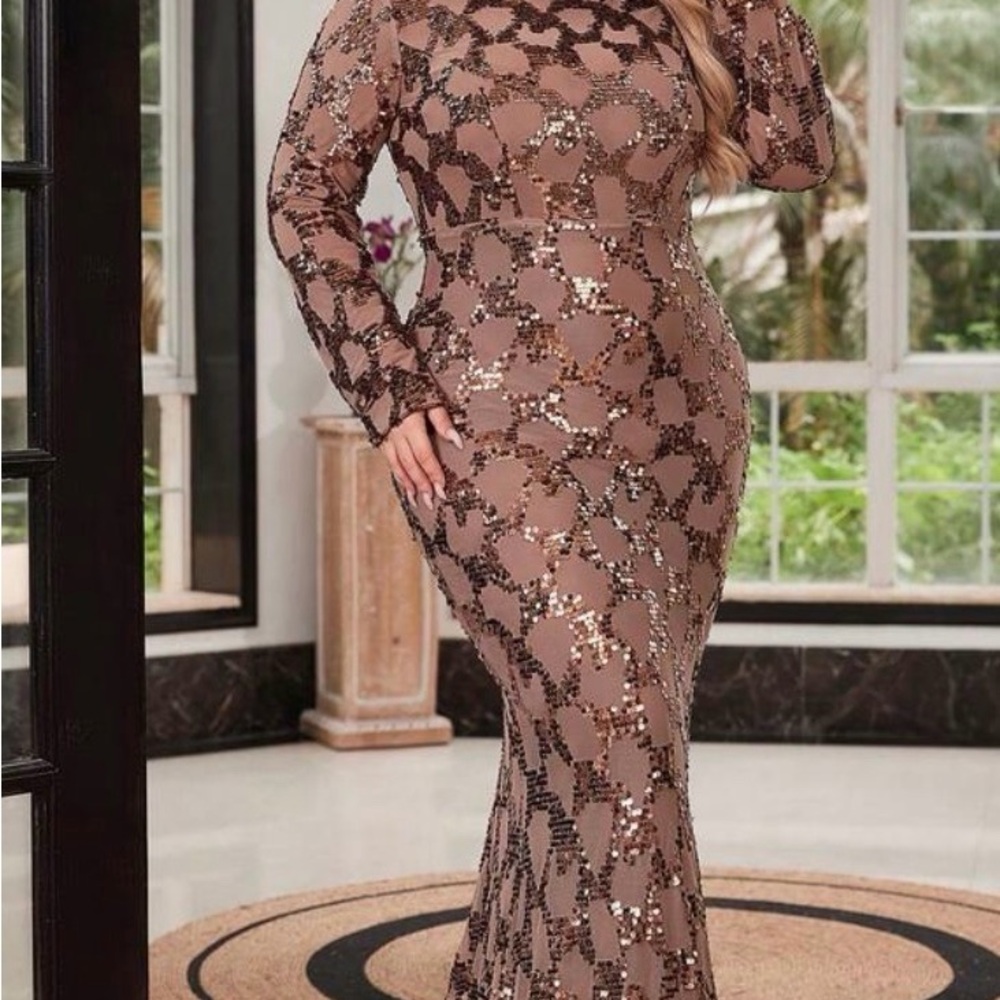 Rose Gold Sequin Embellished Taupe Long Sleeve Maxi Dress